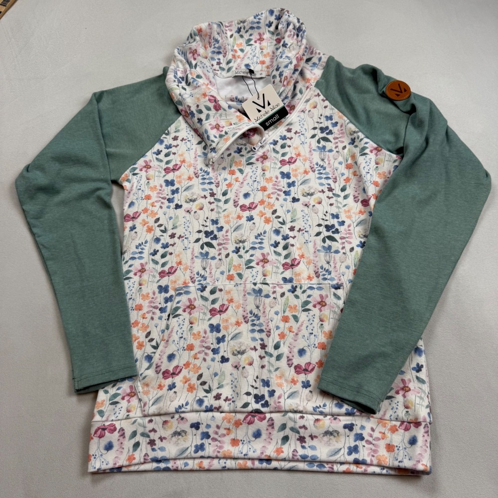 Michelle Mae Floral Raglan Hoodie Womens Sm Zip Cowl Neck Sweatshirt Green NWT